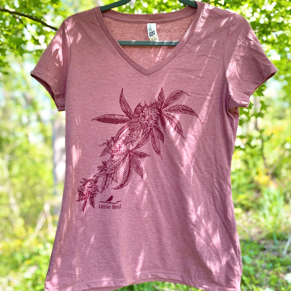 Full image of the shirt with Hemp Flower graphic and Little Bird logo 