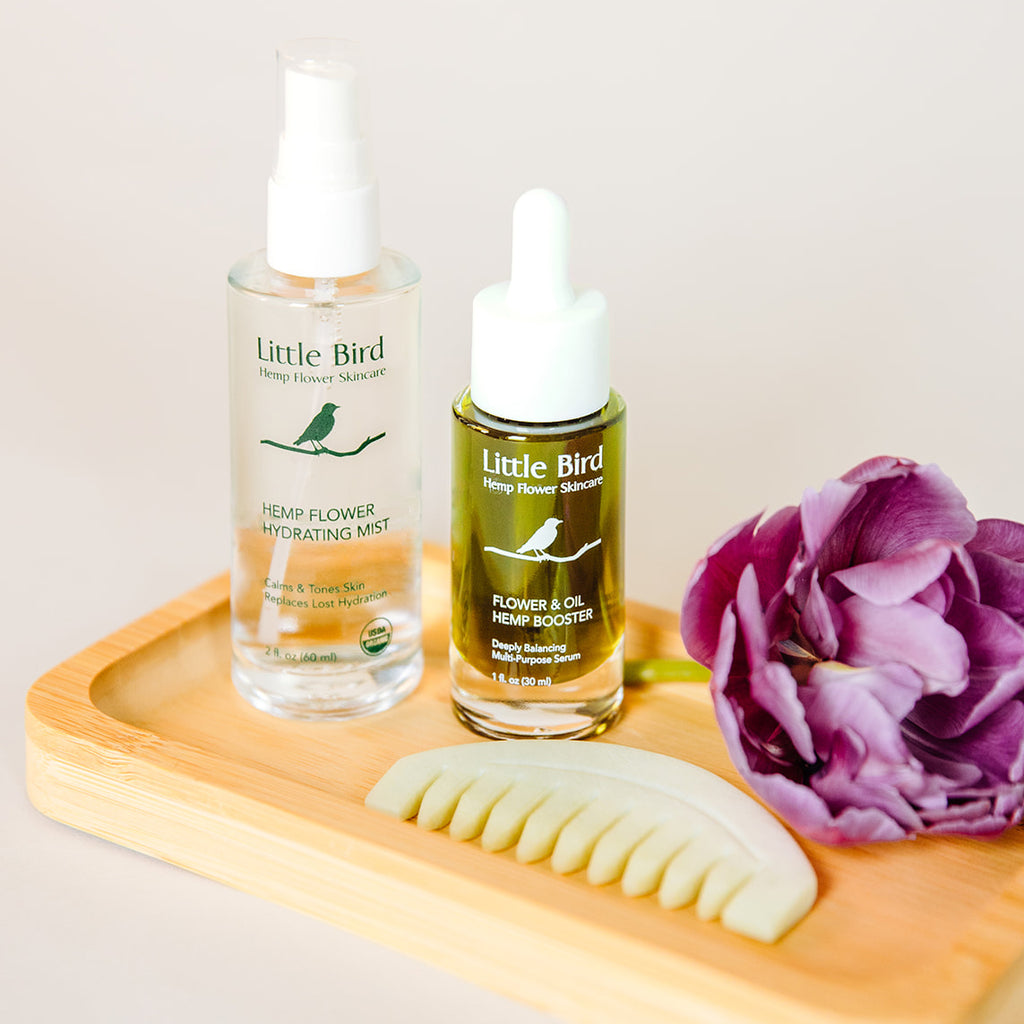 Flower and Oil Hemp Booster serum pictured with Hemp Flower Hydrating Mist